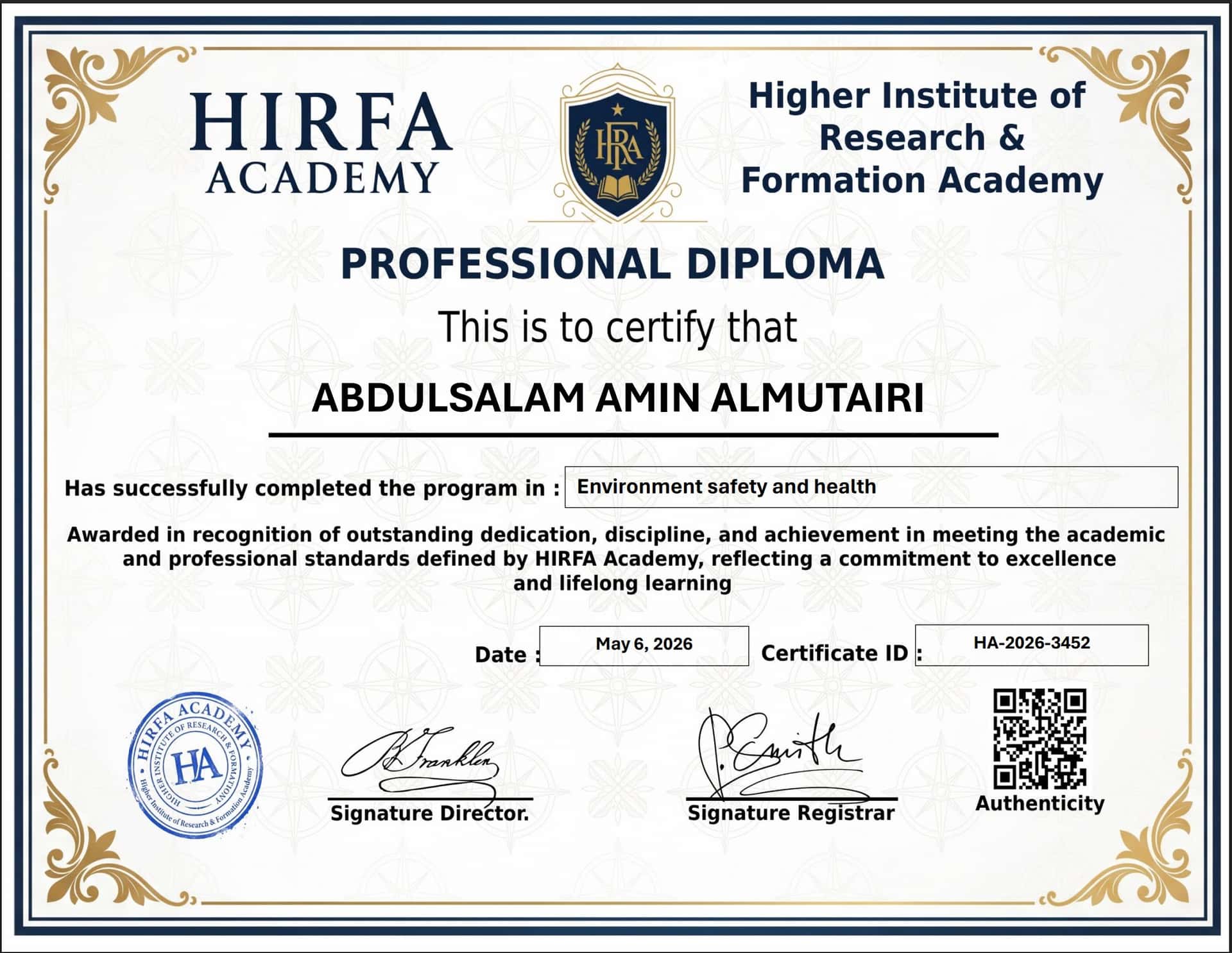 Exemple de certification Hirfa Academy — HSE