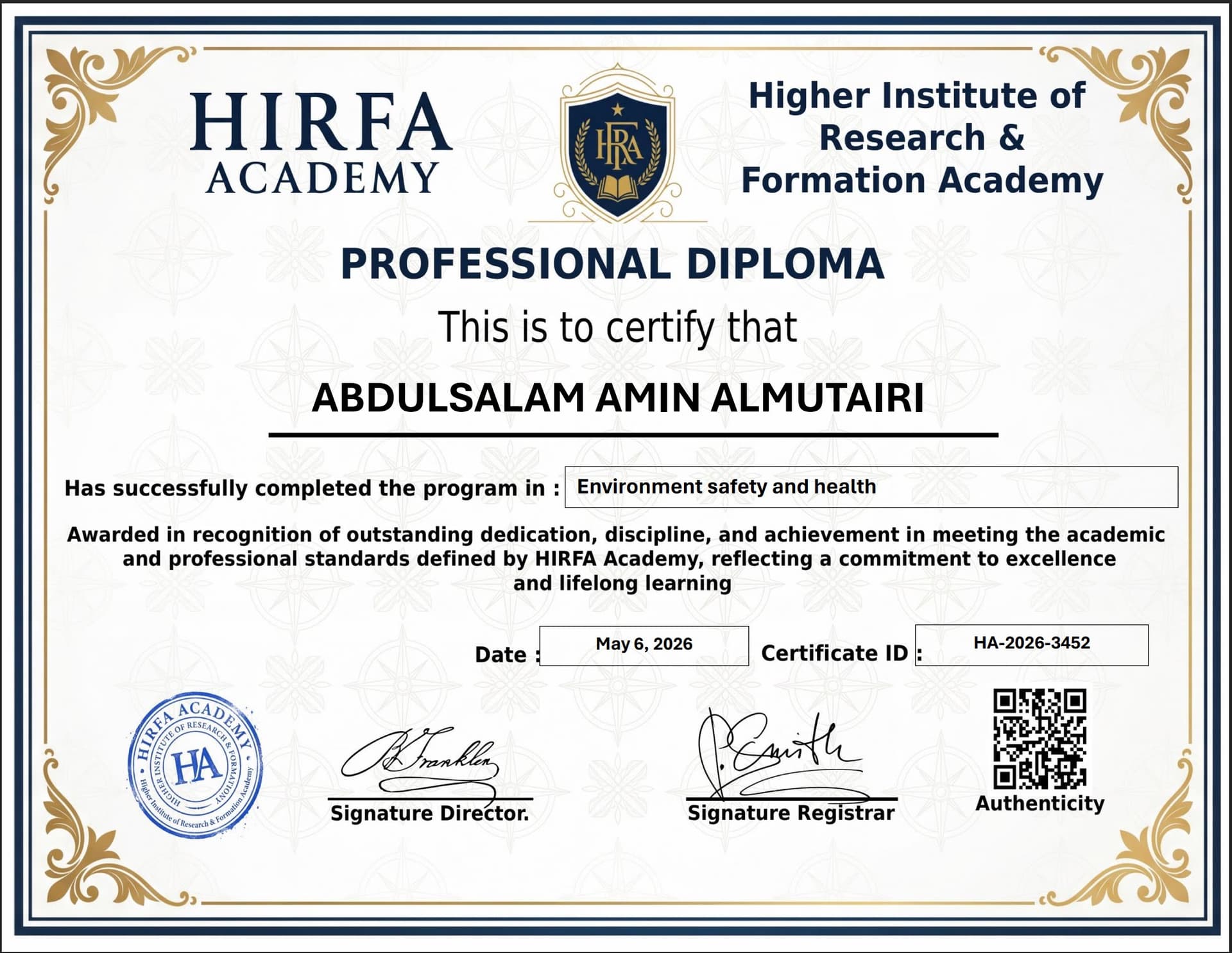 Sample Hirfa Academy Professional Diploma certificate
